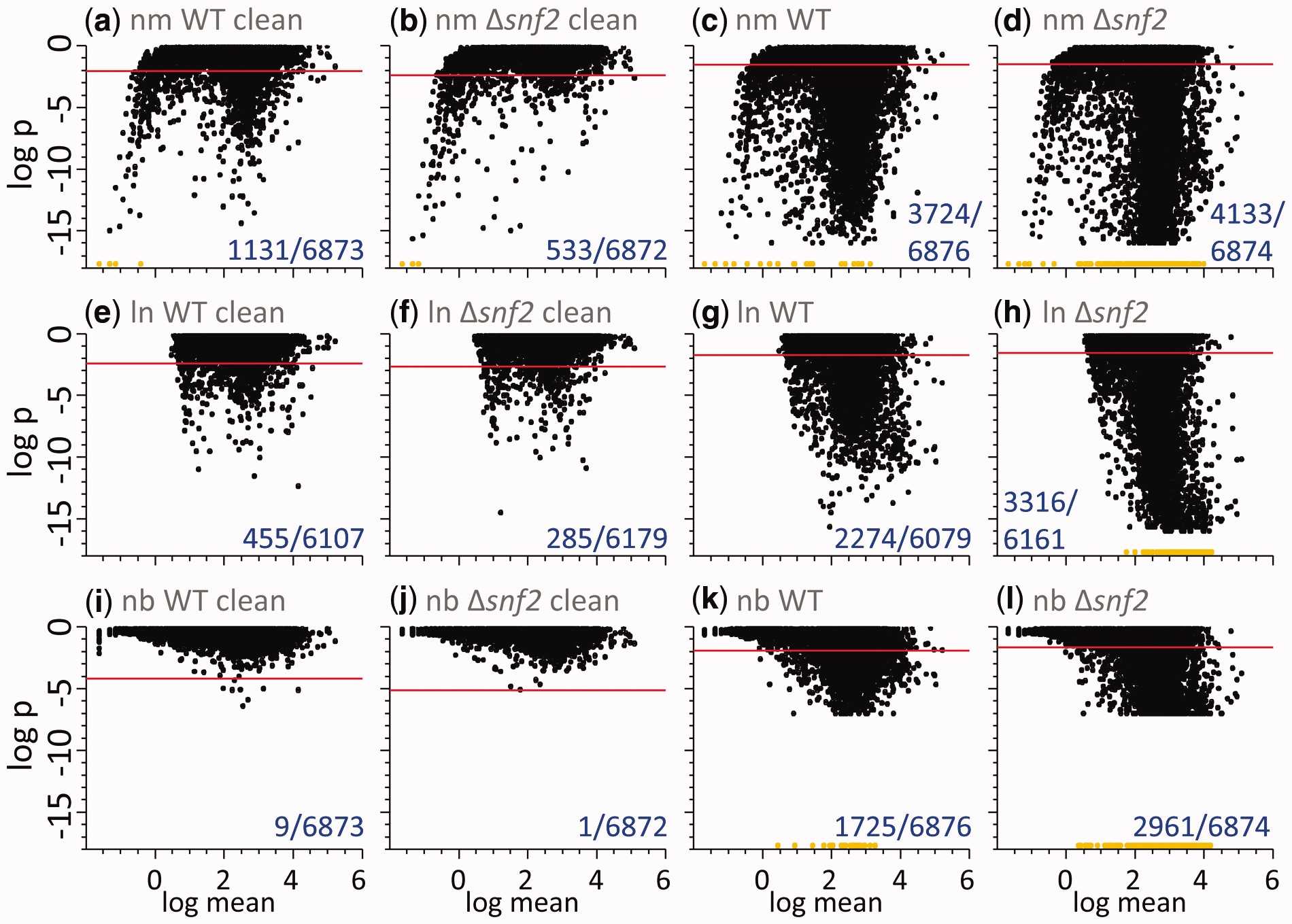 Figure 5 from [@Gierlinski2015]. Goodness-of-fit test results for normal (top panels), log-normal (middle panels) and negative binomial (bottom panels) distributions. Each panel shows the test P-value versus the mean count across replicates. Each dot represents equal-count normalized data from one gene. Panels on the left (a, b, e, f, i, j) show clean data with bad replicates rejected (42 and 44 replicates remaining in WT and Δsnf2, respectively). Panels on the right (c, d, g, h, k, l) show all available data (48 replicates in each condition). Due to the number of bootstraps performed, P-values for the negative-binomial test are limited to ∼10−2. Due to numerical precision of the software library used, P-values from the normal and log-normal tests are limited to ∼10−16. Below these limits data points are marked in orange (light gray in black and white) at the bottom of each panel. Horizontal lines show the Benjamini–Hochberg limit corresponding to the significance of 0.05 for the given dataset. The numbers in the right bottom corner of each panel indicate the number of genes with P-values below the significance limit and the total number of genes